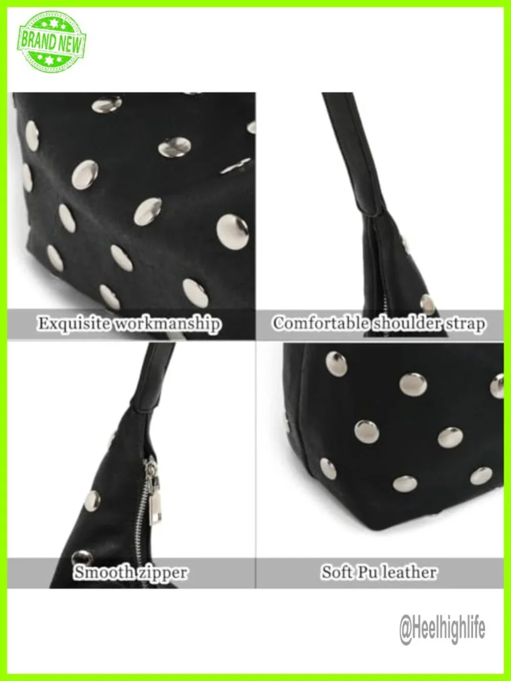 Studded Hobo Bag - Soft Vegan Leather Shoulder Handbag Slouchy Tote